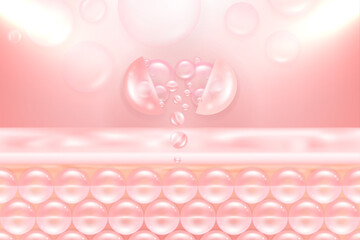 Hyaluronic acid and Niacinamide hair and skin solutions ad, pink collagen serum drops into skin cell with cosmetic advertising background ready to use, illustration vector.	