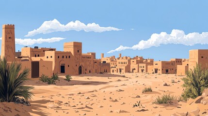 Traditional Arabian town landscape in anime style cartoon background layer