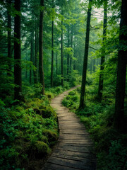 Explore a peaceful forest path with bright greenery and soft sunlight streaming through the tall trees.
