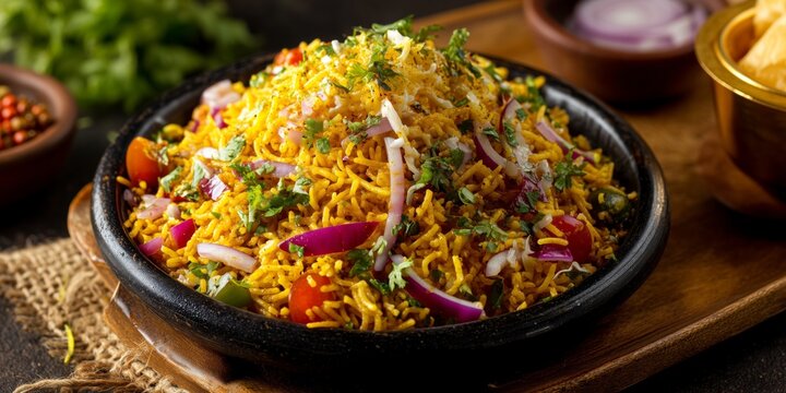 Traditional Indian bhelpuri snack with puffed rice, chutney and herbs
