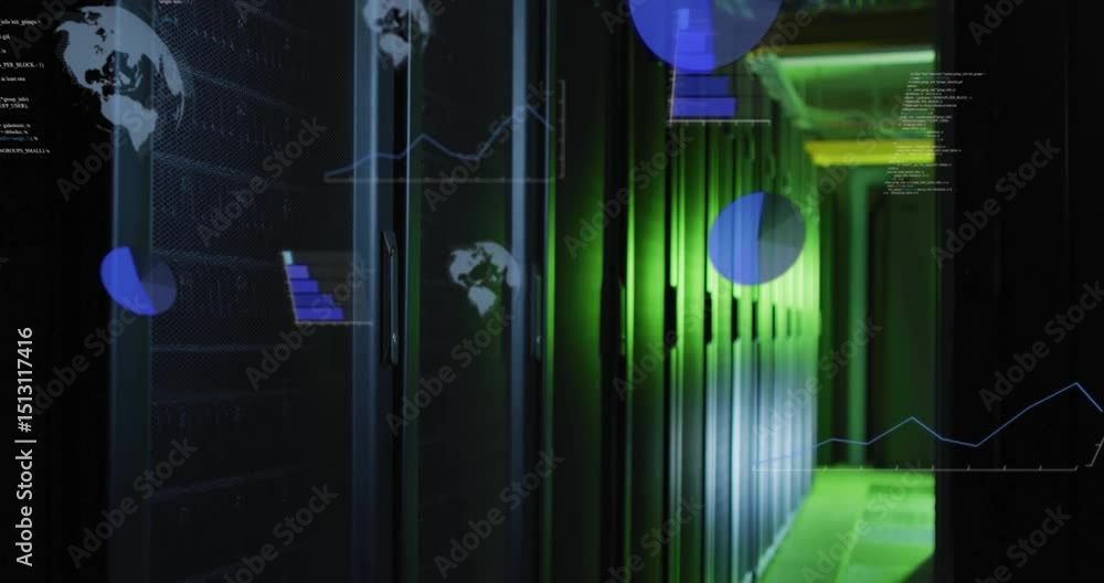 Poster camera scanning server racks starting holographic charts floating above cabinets for data analysis