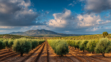 Fototapeta premium Olive grove landscape with rows of trees leading to distant mountains under a cloudy blue sky view