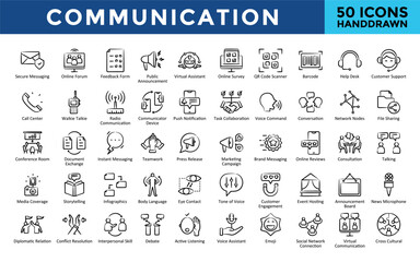 Communication icons set with secure messaging, online forum, feedback form, public announcement, virtual assistant, online survey, qr code scanner, barcode, help desk icon. Simple handdrawn vector 
