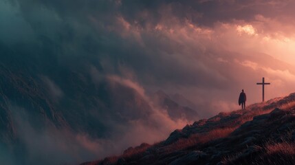 Silent Prayer: A lone figure stands before a cross, silhouetted against a dramatic, cloud-filled sky, evoking deep reflection, spirituality, and faith.