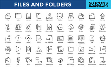 Files and Folders icons set with file, folder, document, paperwork, organization, sorting, category, archive, storage, retrieve icon. Simple handdrawn vector 
