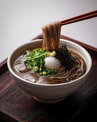 Cold soba noodles with quail egg, seaweed, and scallions in broth, served in ceramic bowl with chopsticks on wooden tray
