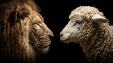 Fototapeta premium Unlikely Encounter: A majestic lion and a serene lamb engage in a moment of unexpected connection. Captured in a captivating portrait.