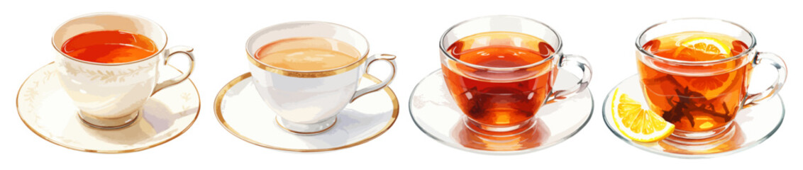 紅茶の水彩風手書きイラストセット 陶器や透明のティーカップとソーサーに入った紅茶 ロイヤルミルクティー / レモンティー