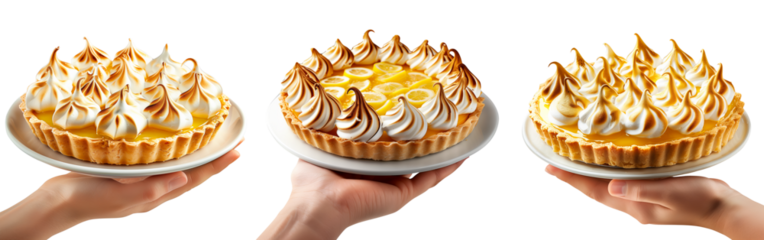Hand holding a lemon meringue pie with caramelized meringue peaks, isolated on white transparent background. Concept of dessert presentation