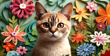 Tonkinese cat with the fresh garden in quilling paper style.