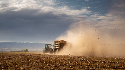 Tractor harvesting sugar beets in a dusty field under a cloudy sky during the autumn season outdoors