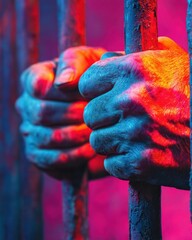 A pair of hands grips prison bars, illuminated by dramatic blue and red lighting.