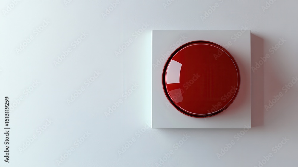 Poster a red circular button on a white background, presenting a minimalist design.