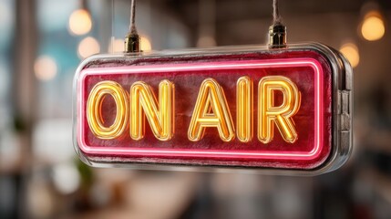 A glowing "ON AIR" sign hangs indoors, indicating live broadcasting in progress.