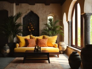 A comfortable living room with a yellow sofa and decorative elements.