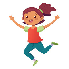 Joyful Girl Jumping, Arms Raised, Cheerful Expression Animated Illustration Style