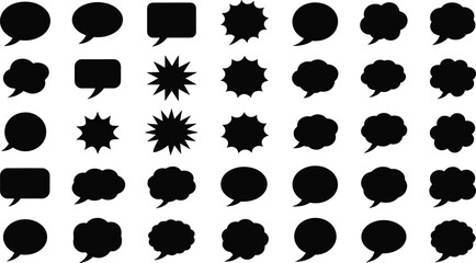 Vector set of speech bubble and thought cloud icons in black silhouette style for comic design, dialogue layout, messaging interface, and graphic illustration