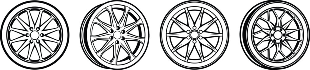 Obraz premium set of car wheel vector graphics with modern rims and realistic tire textures, isolated on white background, perfect for auto parts or repair visuals 