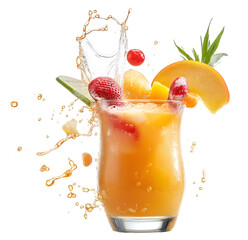 A tropical cocktail with bright fruit garnishes and a dramatic splash effect captured mid-air isolated on a white background