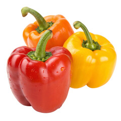 Three bell peppers red yellow orange isolated on transparent background