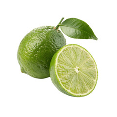 Fresh lime with leaf and slice isolated on transparent background