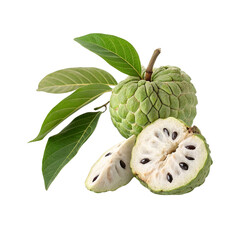 Fresh cherimoya fruit with leaves isolated on transparent background