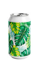 Obraz premium A beverage can decorated with a vivid tropical pattern of green and yellow-green monstera and palm leaves.