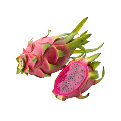 Fresh dragon fruit whole and halved isolated on transparent background