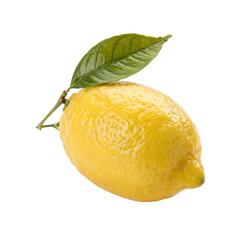 Single lemon with leaves isolated on transparent background