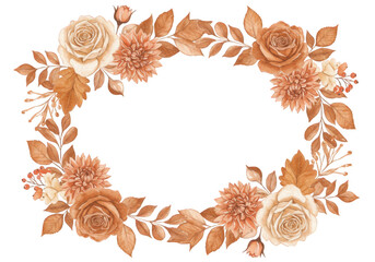 Watercolor floral wreath with roses, dahlias, and autumn leaves isolated on transparent background
