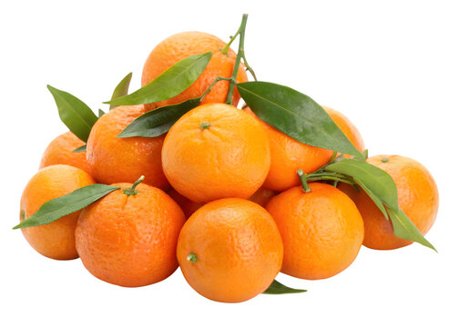 Pile of Bright Orange Tangerines with Leaves on White Background