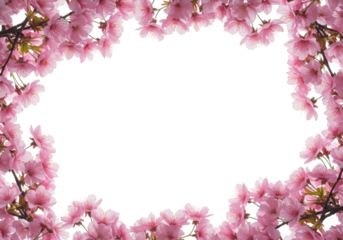 Pink cherry blossom flowers frame isolated on transparent background