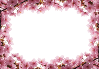 Delicate pink cherry blossom frame isolated on transparent background, showcasing spring's beauty with blooming sakura branches and floral design elements
