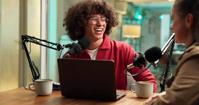 Podcast host, guest and microphone with laughing for funny interview, story joke or discussion. Live streaming, laptop and radio presenter with woman in studio for talk show or comic on air recording