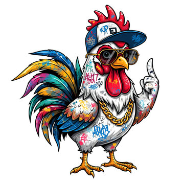 Stylish, graffiti-covered rooster in a backward baseball cap and sunglasses, wearing a gold chain, pointing up.