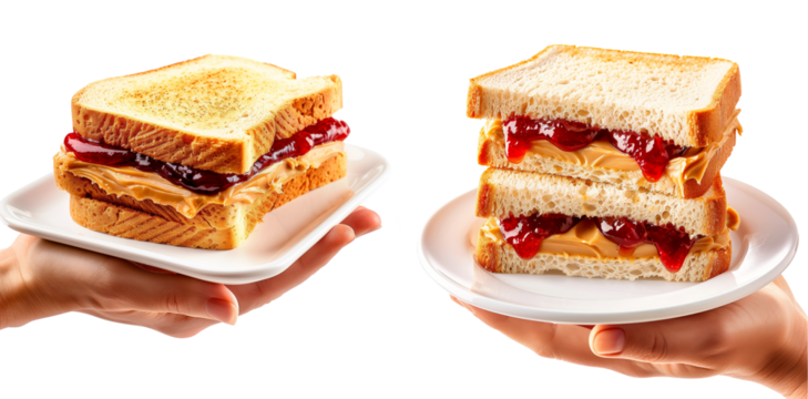 Hand holding Peanut Butter Sandwich with peanut butter spread between two slices of bread isolated on white transparent background, perfect for a healthy meal.