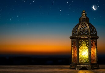 Traditional Arabic Lantern with Crescent Moon during Ramadan Night