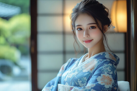 エレガントな青い花柄着物を着た美しい日本人女性のポートレート - 伝統的な和服で穏やかに微笑む若い女性、自然光が美しい室内での日本文化とライフスタイル画像