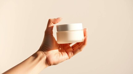 A hand holds a white jar of cream against a pale backdrop, lit by warm sunlight highlighting the product's smooth surface
