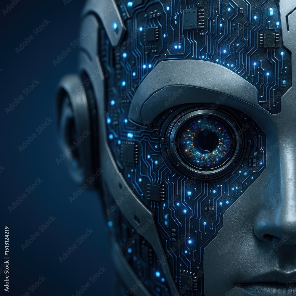 Poster innovative development in agentic ai showcasing a high-tech robotic face with intricate circuitry