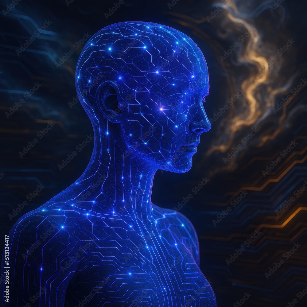 Poster visual representation of agentic ai illustrating a humanoid figure with glowing circuitry against a 