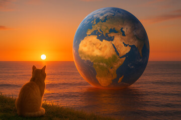 A Cat Gazing at the Earth from a Hill under the Morning Sun - Generative AI