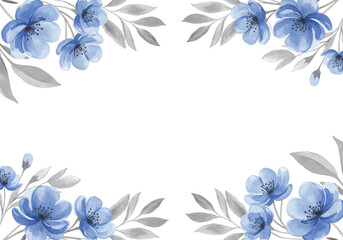 Watercolor blue flowers and leaves frame isolated on transparent background, floral decoration for wedding invitation, card, or romantic design element