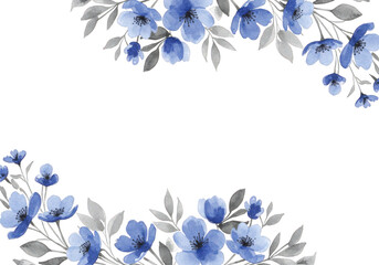 Watercolor floral frame with blue flowers and gray leaves isolated on transparent background