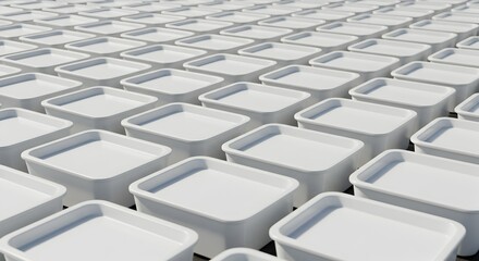Many identical white plastic containers in grid pattern