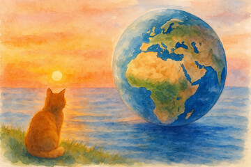 Watercolor of a Cat Watching the Earth Set Beyond the Horizon at Sunset - Generative AI