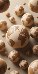 Globes with world map continents floating on neutral background