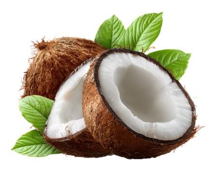 Halved Brown Coconut with Green Leaves on Transparent Background, PNG