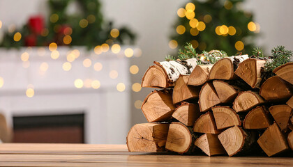 Stack of firewood on a wooden table with Christmas tree and fireplace in the background