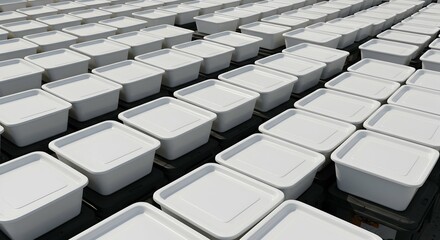 Obraz premium Many identical white plastic containers in grid pattern